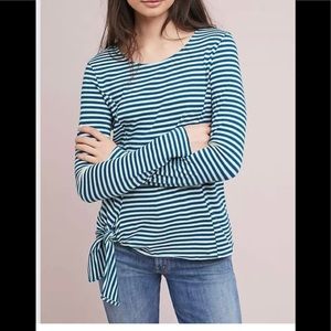 Anthropologie T.la Teal Striped Tie Front Long Sleeve Knit Top